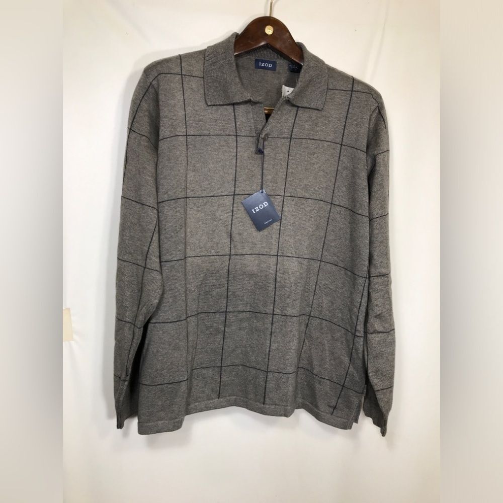 Izod Brown Checked 100% Cotton Polo Shirt Men's Size Medium